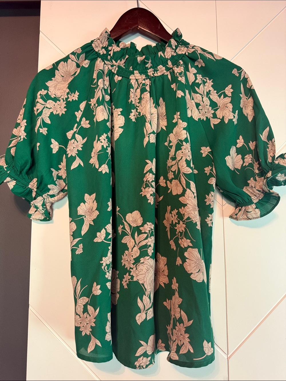 Sienna Sky Green Floral Smocked Ruffle Neck Puff Sleeve Blouse